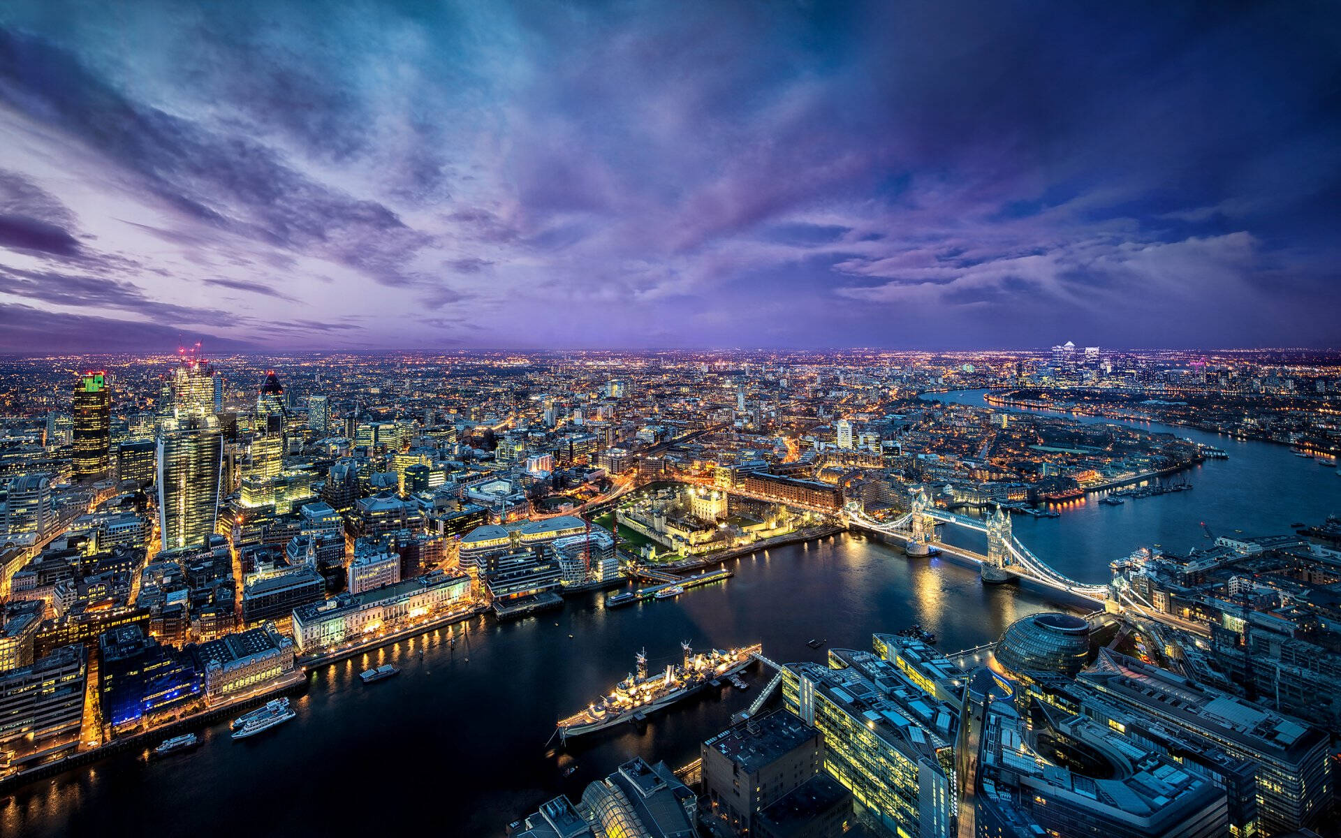 Aerial view of London at night